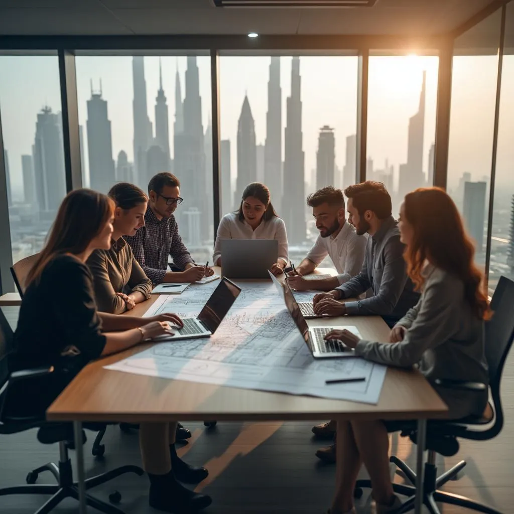 فريق عمل يتعاون على مشروع استثماري في الإمارات